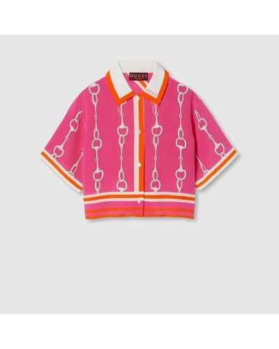 Gucci Horsebit Stripe Print Silk Shirt - Pink