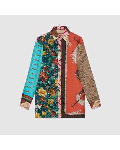 Gucci Camicia In Seta Con Stampa Patchwork Heritage - Blu