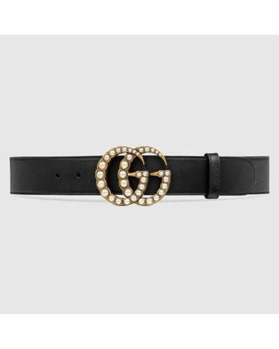 Gucci Ceinture en cuir avec boucle double G ornée de perles - Noir