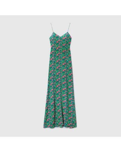 Gucci Floral Print Silk Evening Dress - Green