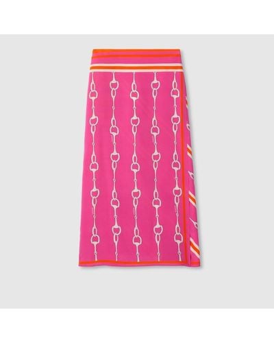 Gucci Horsebit Stripe Print Silk Skirt - Pink