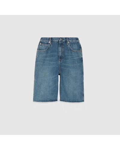 Gucci Organic Denim Shorts With Crystal G - Blue