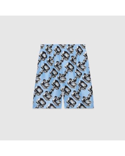 Gucci 3d Glass Horsebit Print Silk Shorts - Blue
