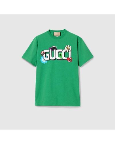Gucci T-shirt In Jersey Di Cotone Con Stampa - Verde