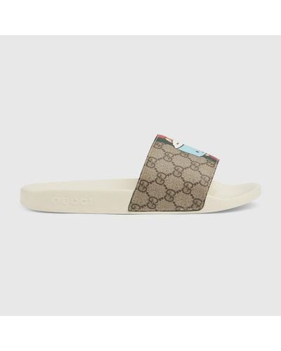 Gucci Web Animal Print Slide Sandal - Natural
