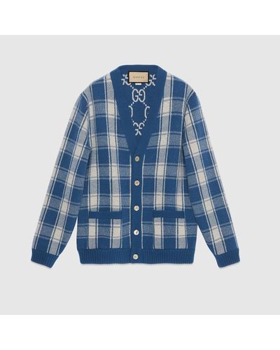 Gucci Reversible Checked Wool Cardigan - Blue