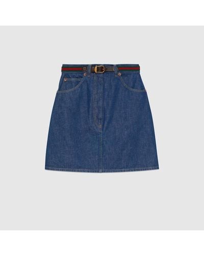 Gucci Denim Mini Skirt With Web Belt - Blue
