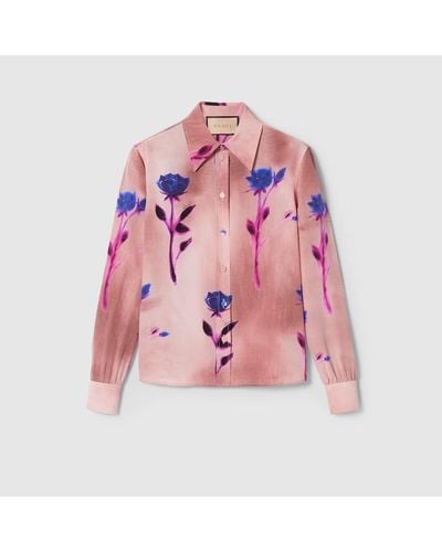 Gucci Bluse Aus Crêpe De Chine Mit Blumen-Print - Pink