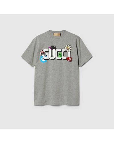 Gucci Camiseta de Algodón y Estampado - Gris