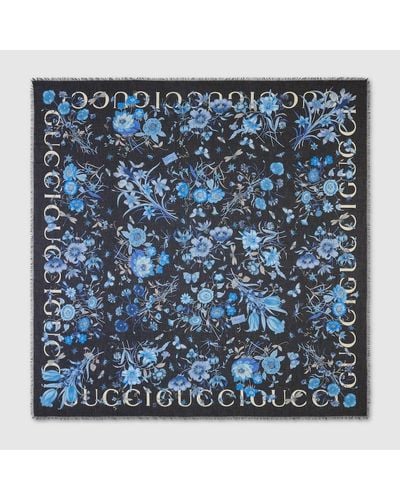 Gucci Châle À Imprimé Fleuri - Bleu