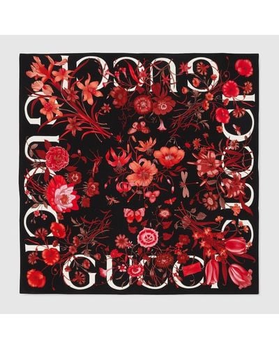 Gucci Floral Print Silk Carré - Red