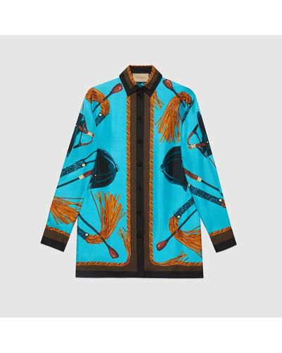 Gucci Camicia In Twill Di Seta Con Stampa Equestre - Blu