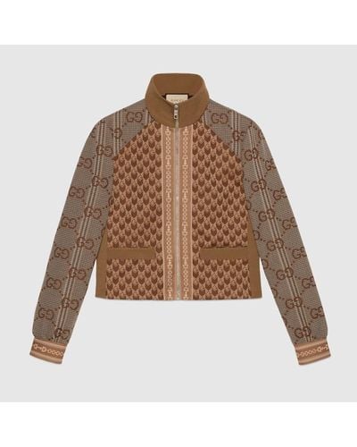 Gucci Giacca In Jersey Jacquard Con Motivo G Rombi E Cerniera - Marrone