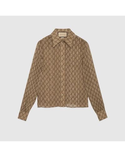Gucci Camisa de Seda con Estampado de Damero y GG - Neutro