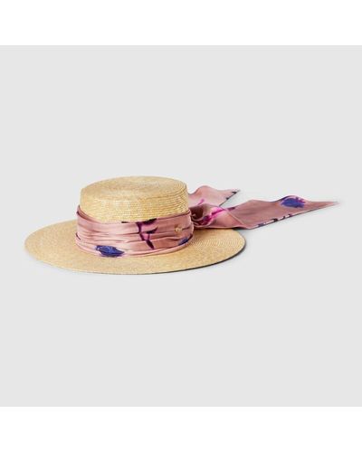 Gucci Sombrero de Ala Ancha de Paja con Fular - Rosa