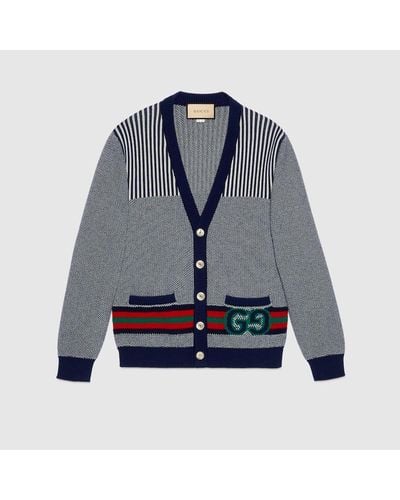 Gucci V-neck Monogram-print Cotton And Wool-blend Cardigan - Blue