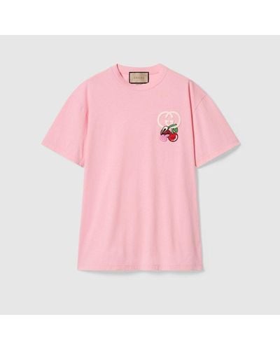 Gucci T-shirt In Jersey Di Cotone Con Patch - Rosa