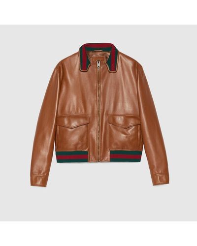 Gucci Leather Bomber Jacket - Brown