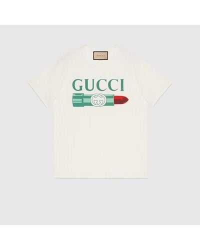 Gucci Camiseta de Algodón con Barra de Labios - Blanco