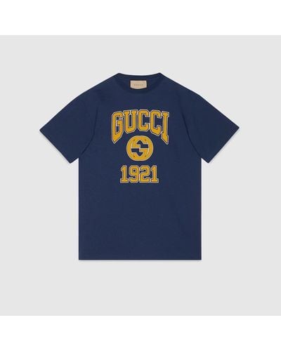 Gucci Camiseta Estampada de Punto de Algodón - Azul