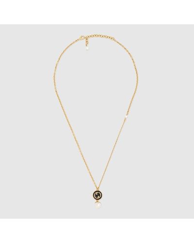 Gucci Blondie Black-enamel Interlocking-g And Pearl Gold-toned Metal Necklace - Yellow