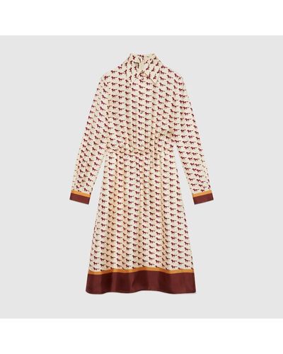 Gucci Diagonal Horses Print Silk Dress - Brown