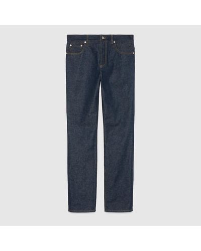 Gucci Denim Pants With GG Embossed Detail - Blue