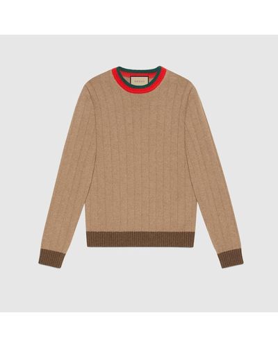 Gucci Rib Knit Camel Sweater With Web - Brown