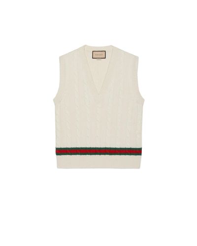 Gucci Cable Knit Vest With Web - White