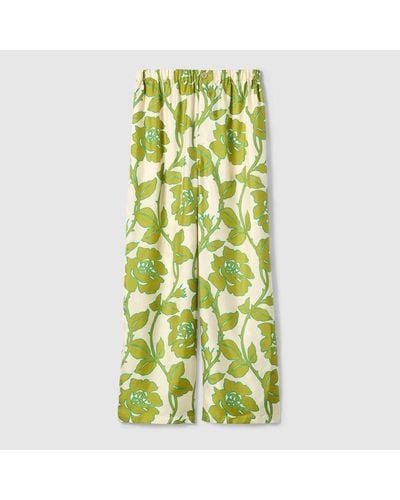 Gucci Pantalón de Sarga de Seda con Motivo Floral - Verde