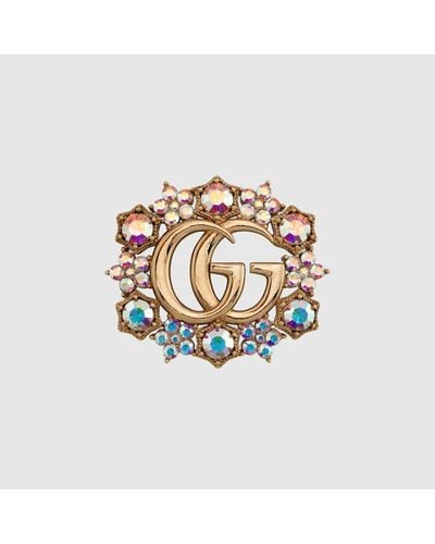 Gucci Brosche Mit Doppel G Und Blumen Mit Kristallen - Mettallic