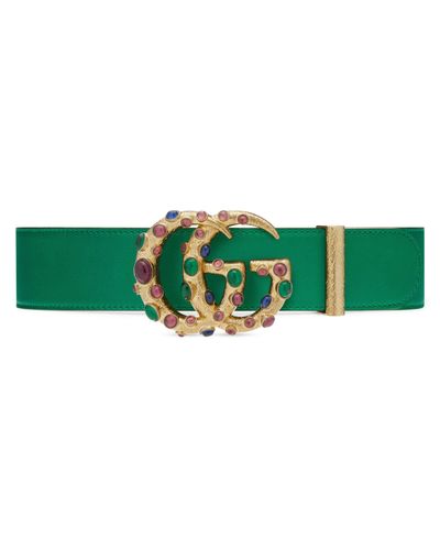 Gucci Leather Belt With Crystal Double G Buckle - Green