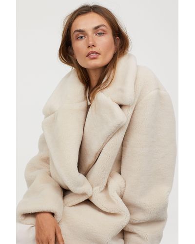 H M Faux Fur Coat In Light Beige, H M Wool Faux Fur Teddy Coat