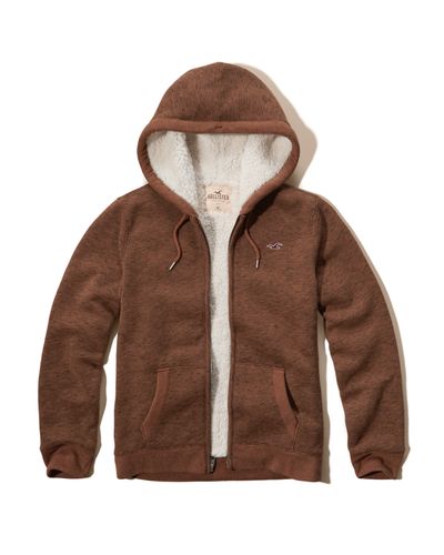Hollister Sherpa Lined Textured Hoodie in Brown for Men - Lyst