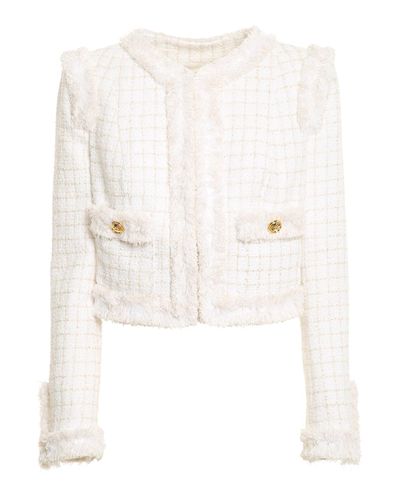 Elisabetta Franchi Tweed Cropped Blazer in Cream (White) - Lyst