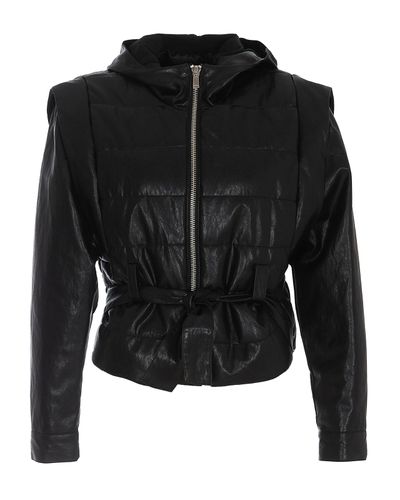 Pinko Faux Leather Belted Jacket With Hood in Black - Lyst