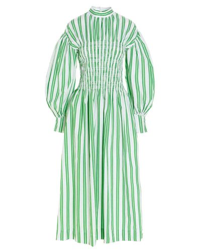 Ganni Cotton Midi Striped Dress In Green And White - Lyst