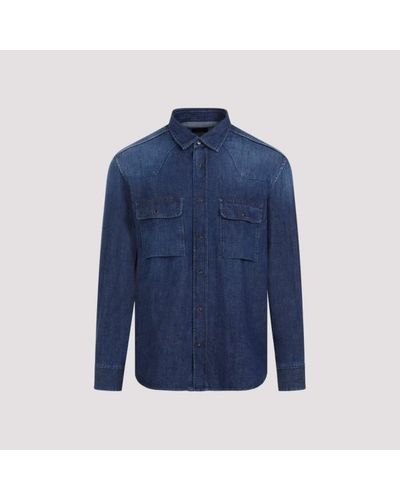 Brioni Petroleum Bleu Cotton Western Shirt - Blue