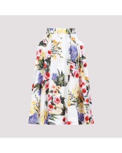 Dolce & Gabbana White Cotton Rose Print Midi Skirt