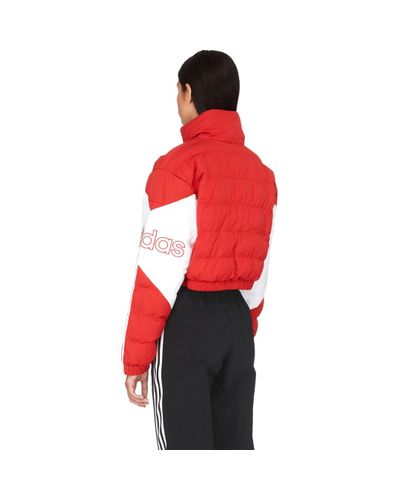 adidas Originals Synthetic Cropped Puffer Jacket in Scarlet/White 