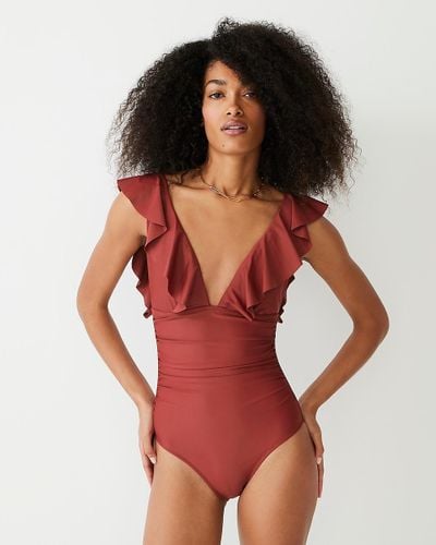 J.Crew Ruched Ruffle One-Piece Swimsuit - Red
