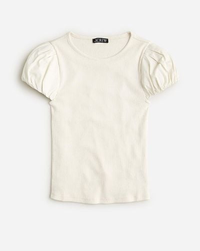 J.Crew Vintage Rib T-Shirt With Cotton Poplin Puff Sleeves - White