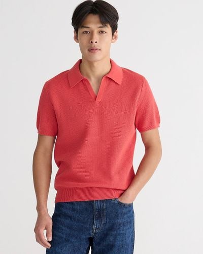 J.Crew Short-Sleeve Cotton Mesh-Stitch Johnny-Collar Sweater-Polo - Red