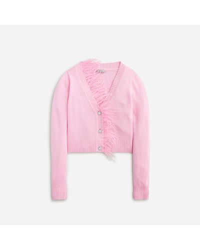 J.Crew Feather-trim Cropped Cardigan Sweater With Jewel Buttons - Pink
