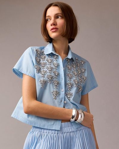 J.Crew Collection Cropped Button-Up Shirt With Embellishments - Blue