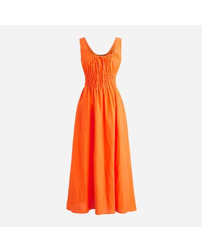 J.Crew Smocked Midi Dress In Linen - Orange