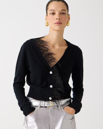J.Crew Feather-Trim Cropped Cardigan Sweater With Jewel Buttons - Black