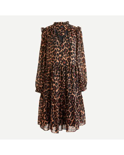 J.Crew Tie-neck Tiered Dress In Leopard Crinkle Chiffon - Brown