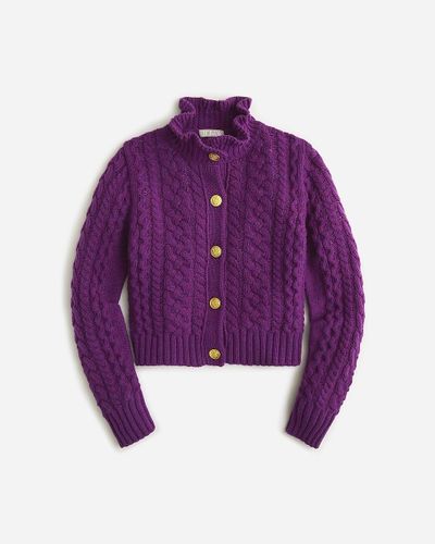 J.Crew Cable-Knit Ruffleneck Cardigan Sweater - Purple