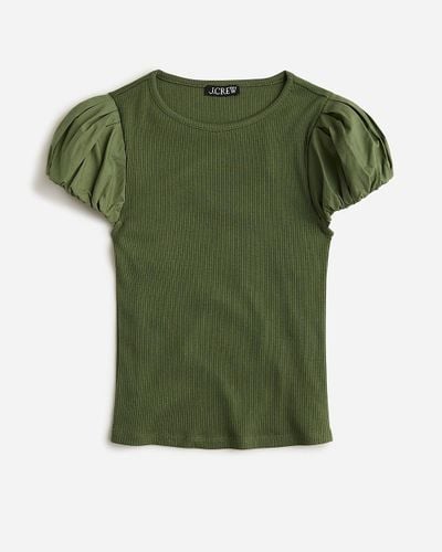 J.Crew Vintage Rib T-Shirt With Cotton Poplin Puff Sleeves - Green